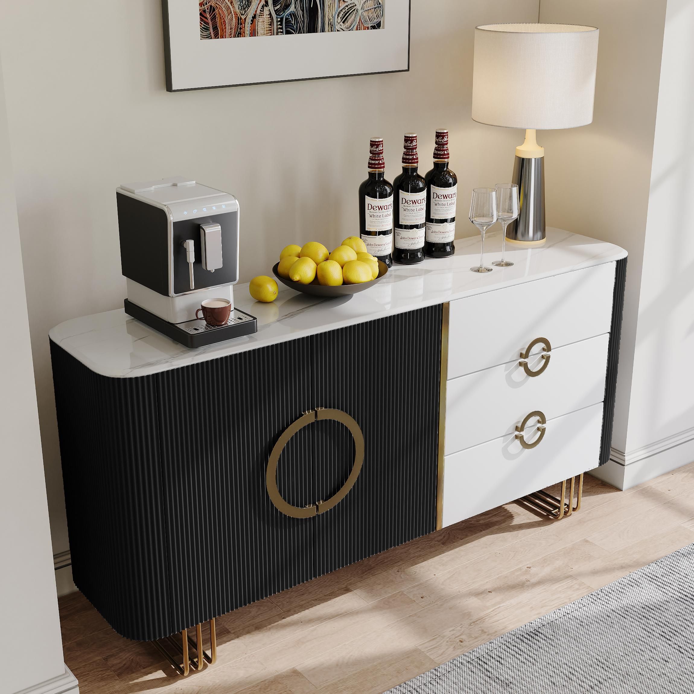 Wood Black & White Glossy Sintered Stone Storage Cabinets