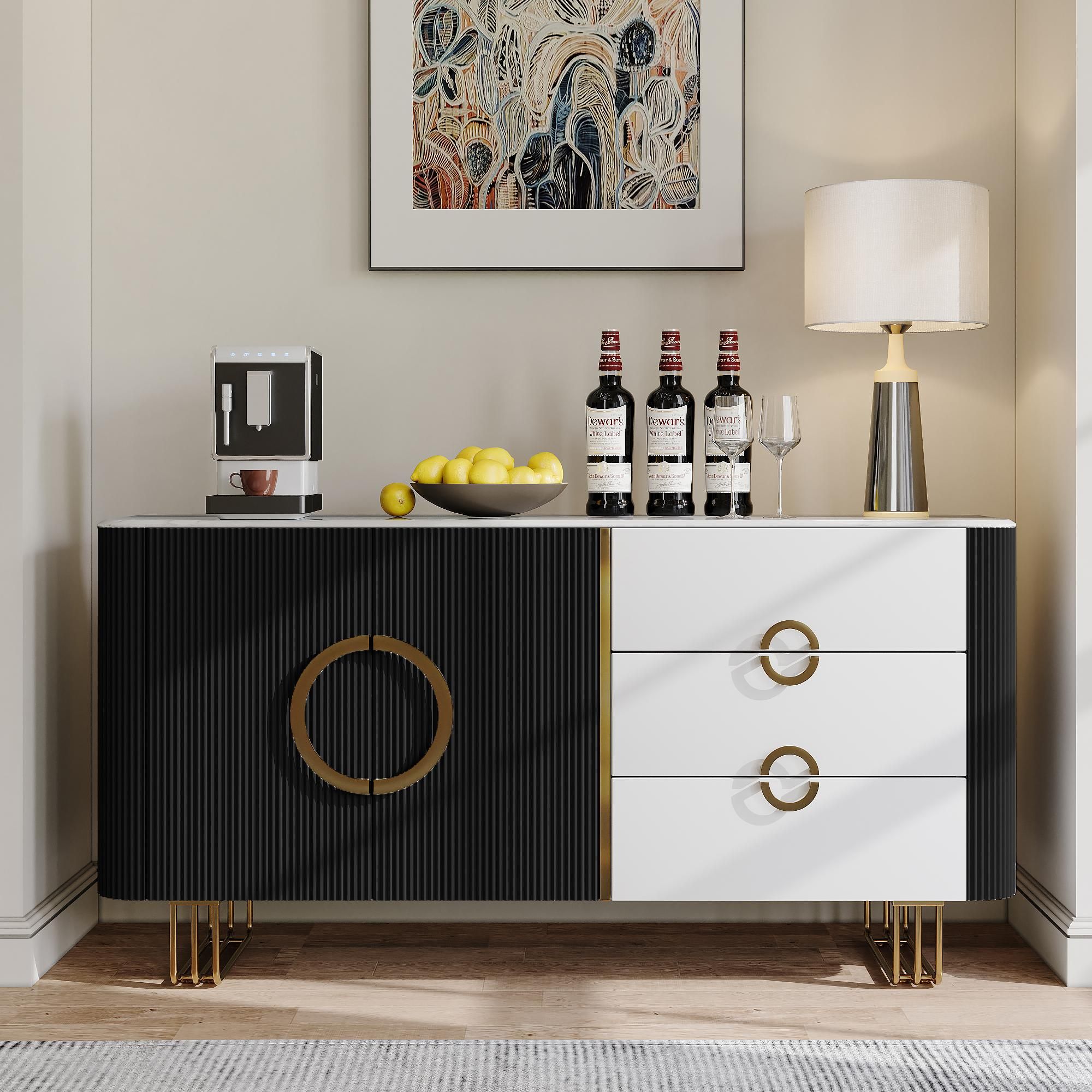 Modern Luxury Black & White Glossy Sintered Stone Storage Cabinets