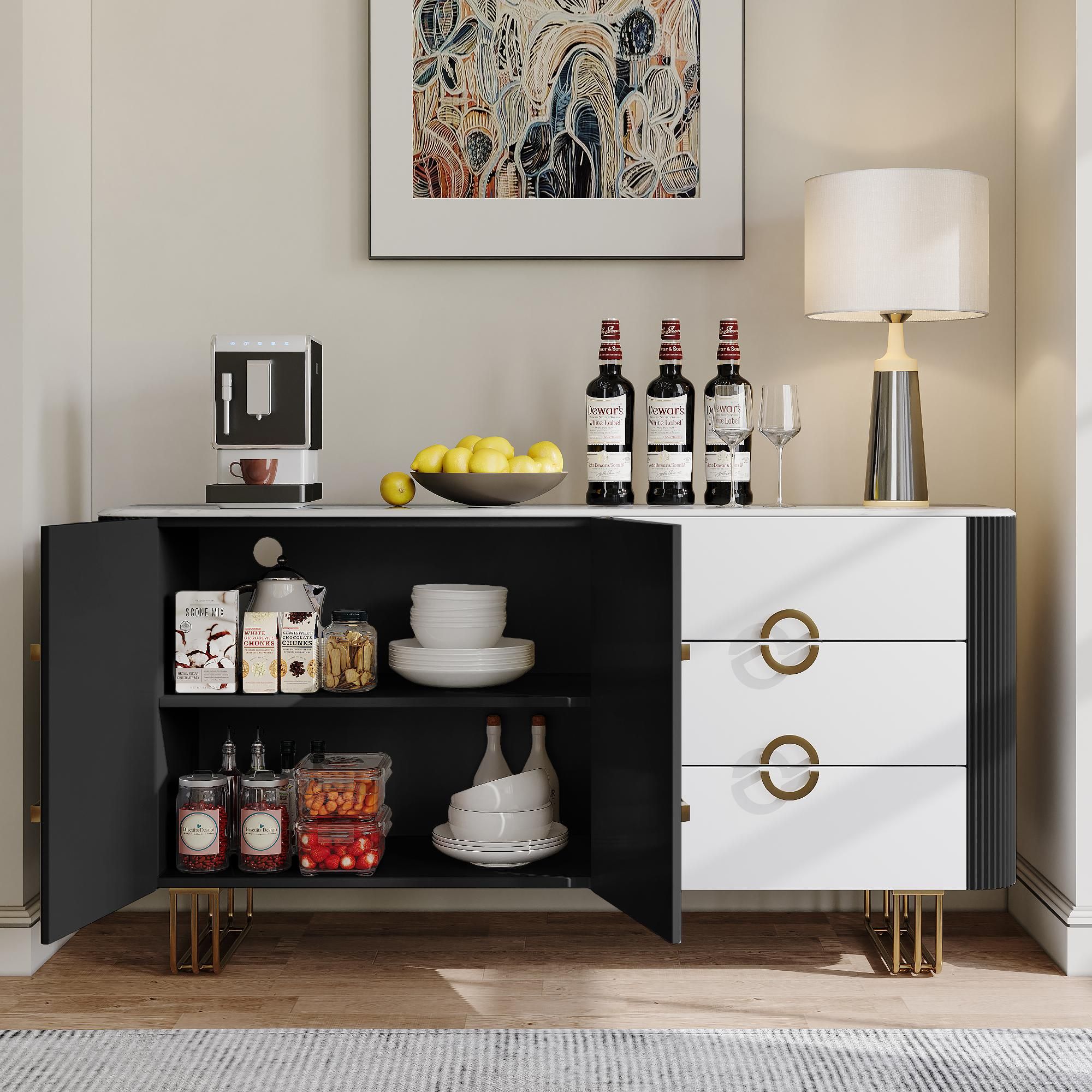 Sintered Stone Top Black & White Glossy Sintered Stone Storage Cabinets