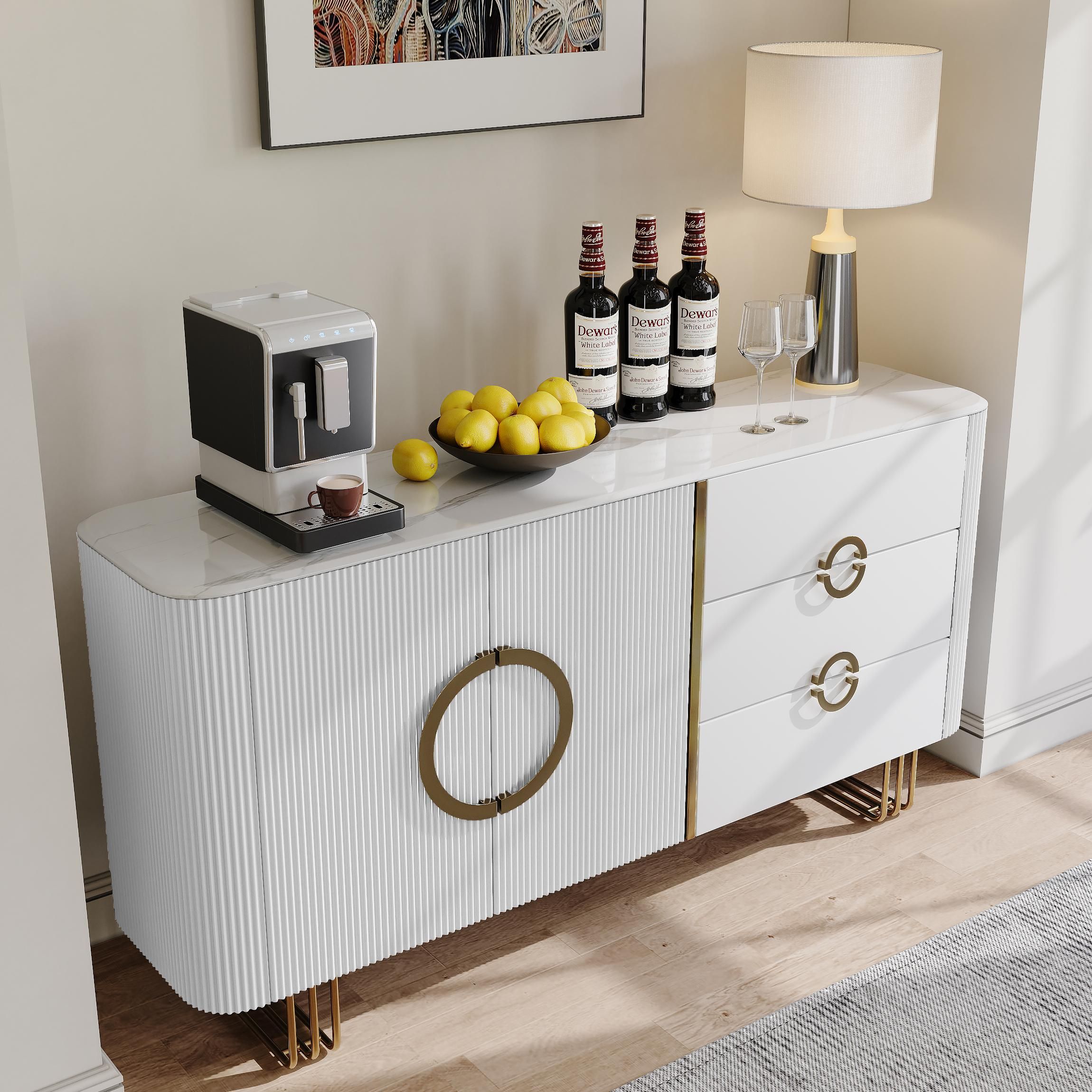 Drawer Storage White Glossy Sintered Stone Storage Cabinets