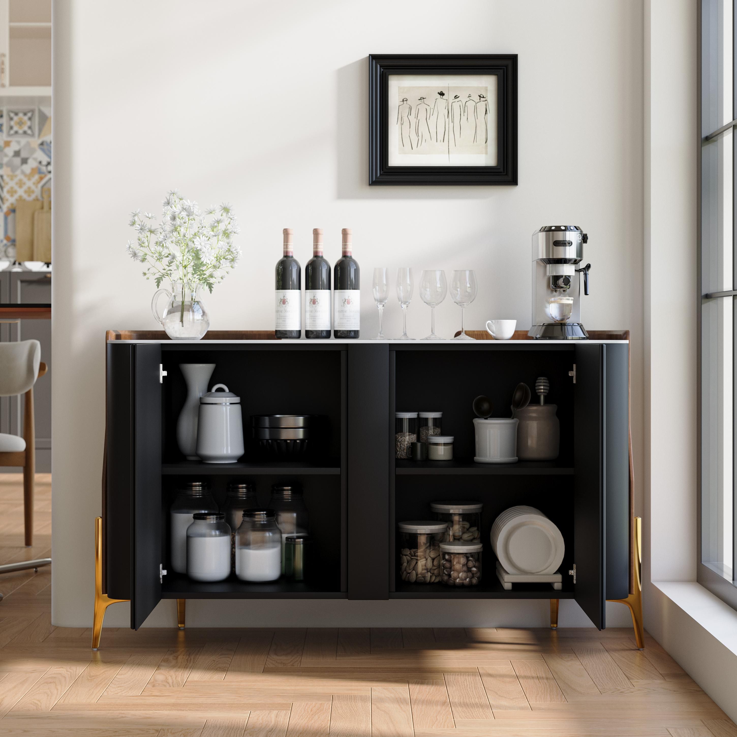 Modern Black Glossy Sintered Stone Storage Cabinets