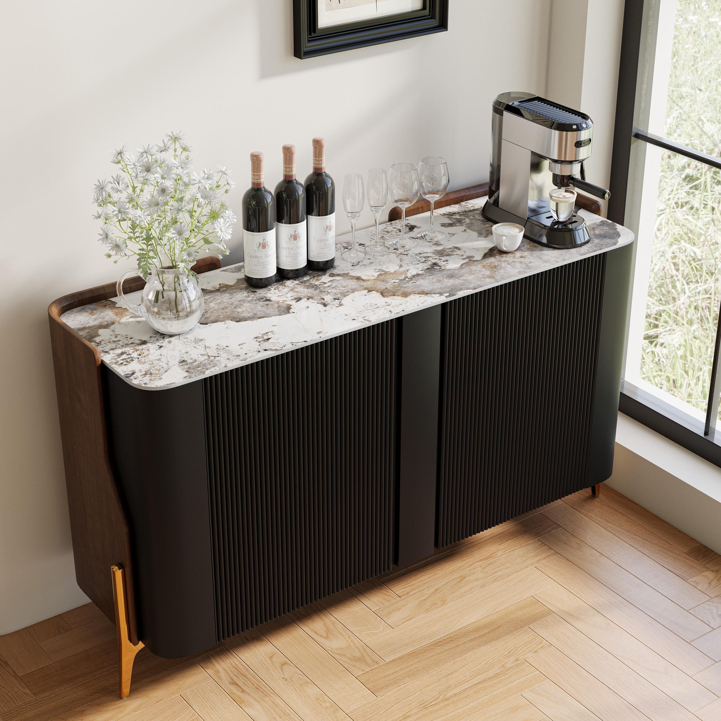 Modern Luxury Black Glossy Sintered Stone Storage Cabinets