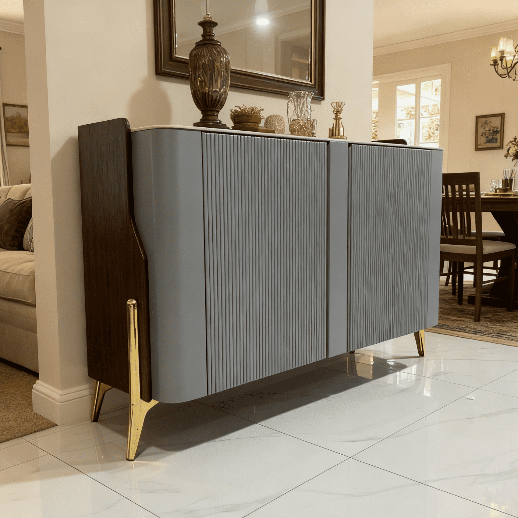 Modern Gray Glossy Sintered Stone Storage Cabinets