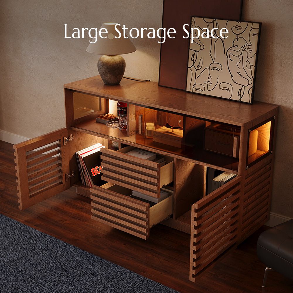 LED Slatted Storage Cabinet, Walnut Storage Credenza