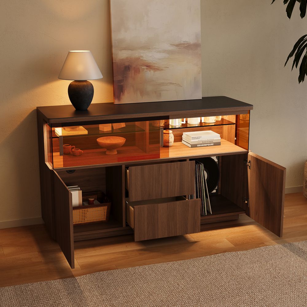 Sintered Stone Top Walnut Color Engineered Wood Storage Cabinets