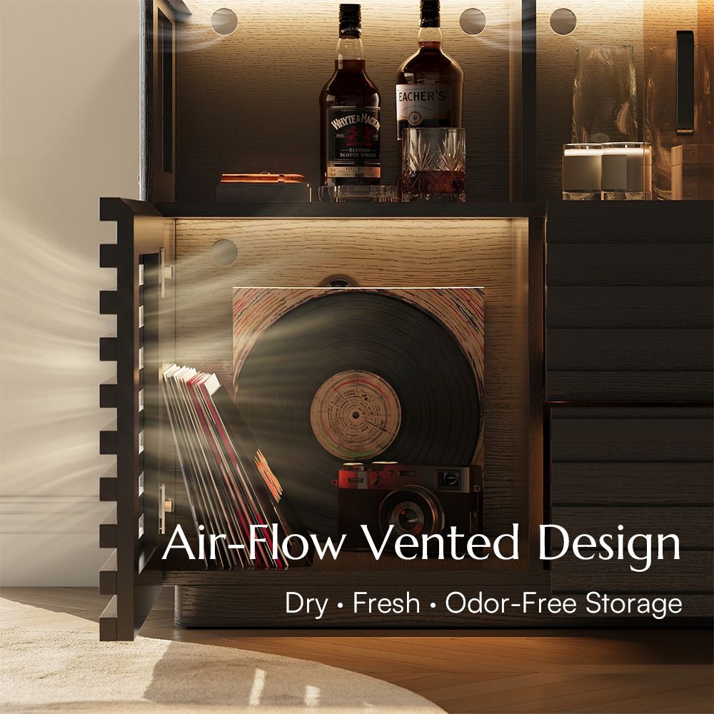 Slatted Design Black Engineered Wood Storage Cabinets