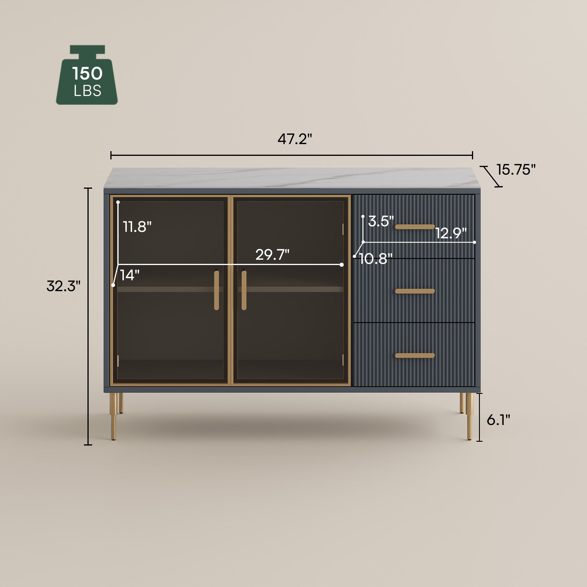 Credenza White & Blue Glossy Sintered Stone Storage Cabinets