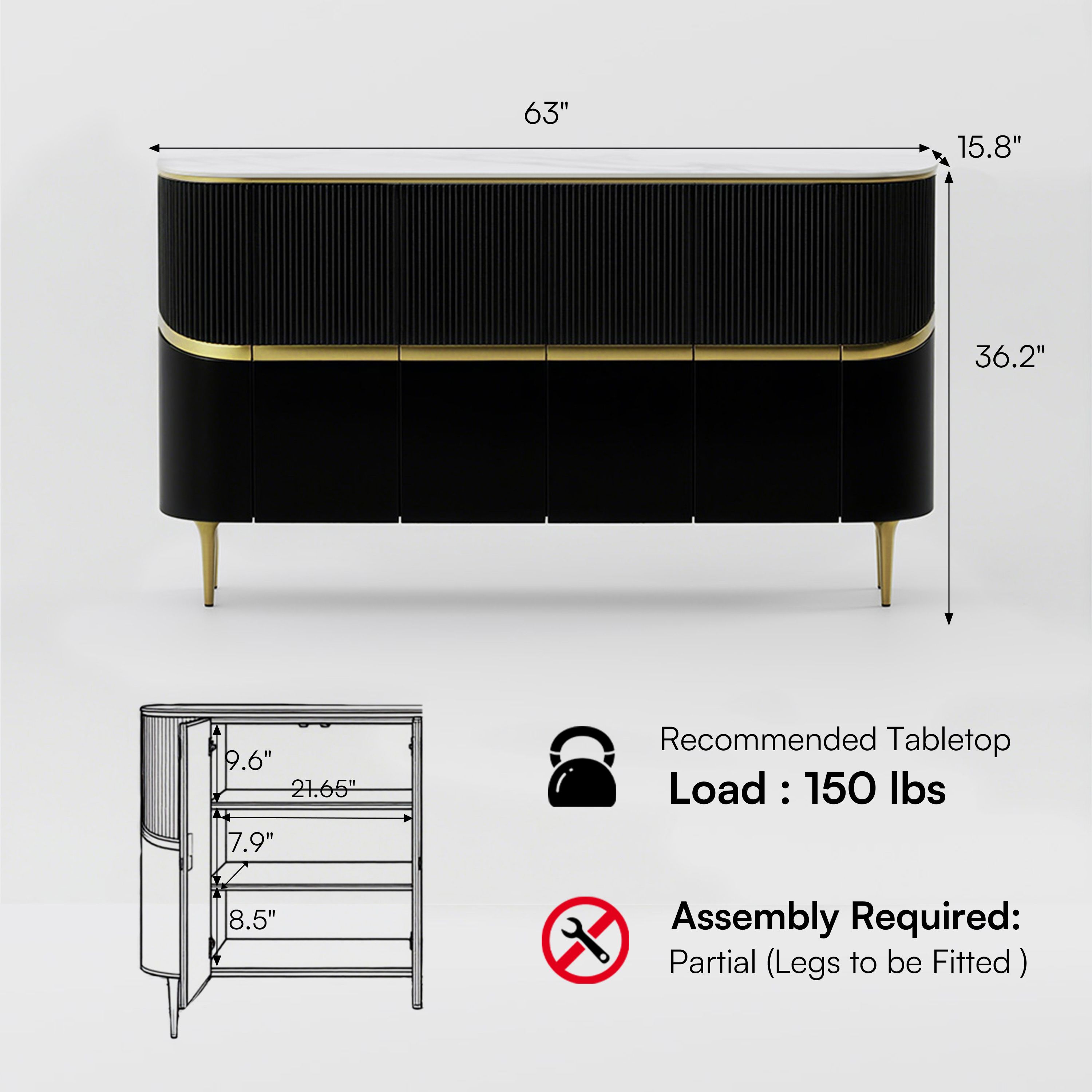 Buffet Table Black & Gold Glossy Sintered Stone Storage Cabinets