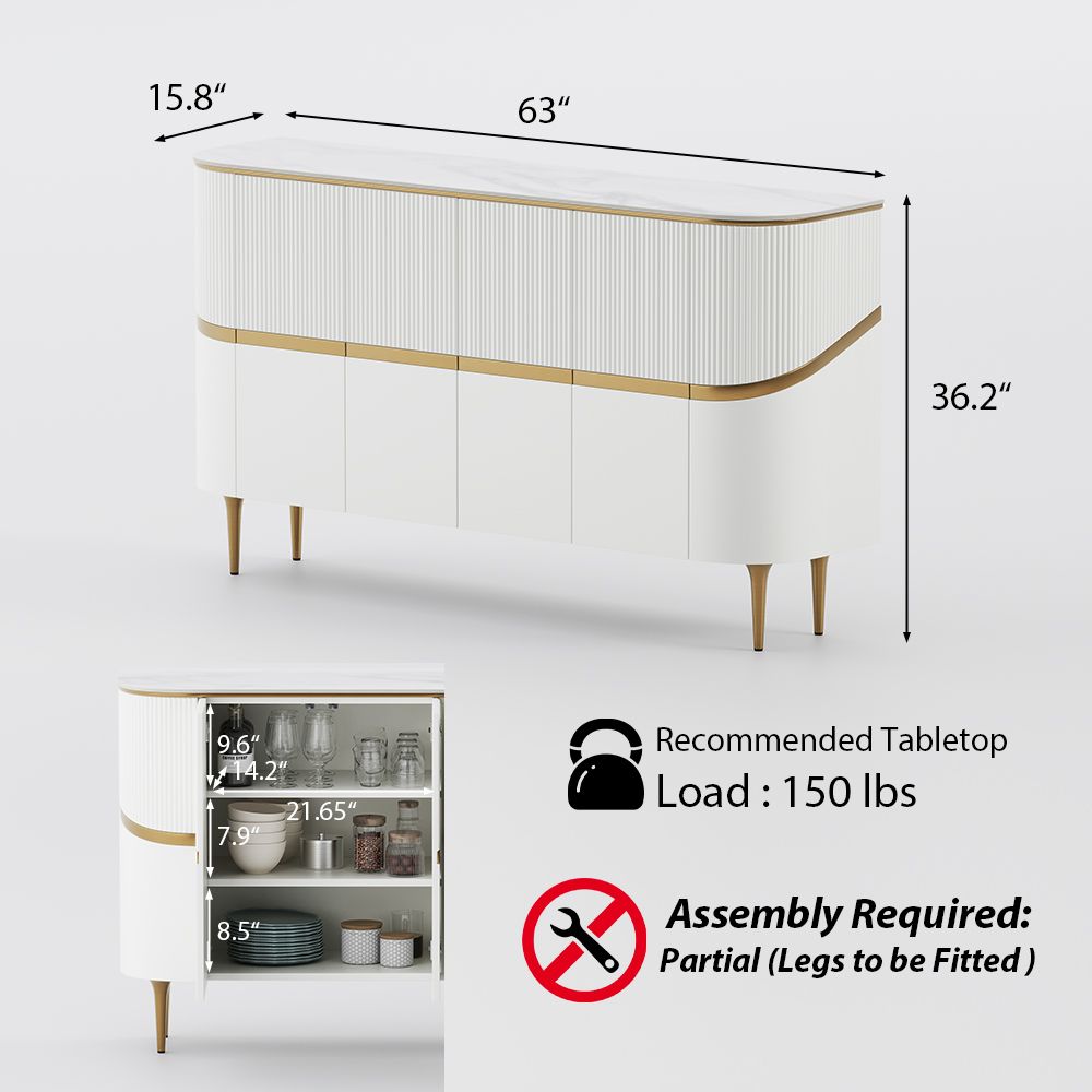 Sintered Stone Top White & Gold Glossy Sintered Stone Storage Cabinets