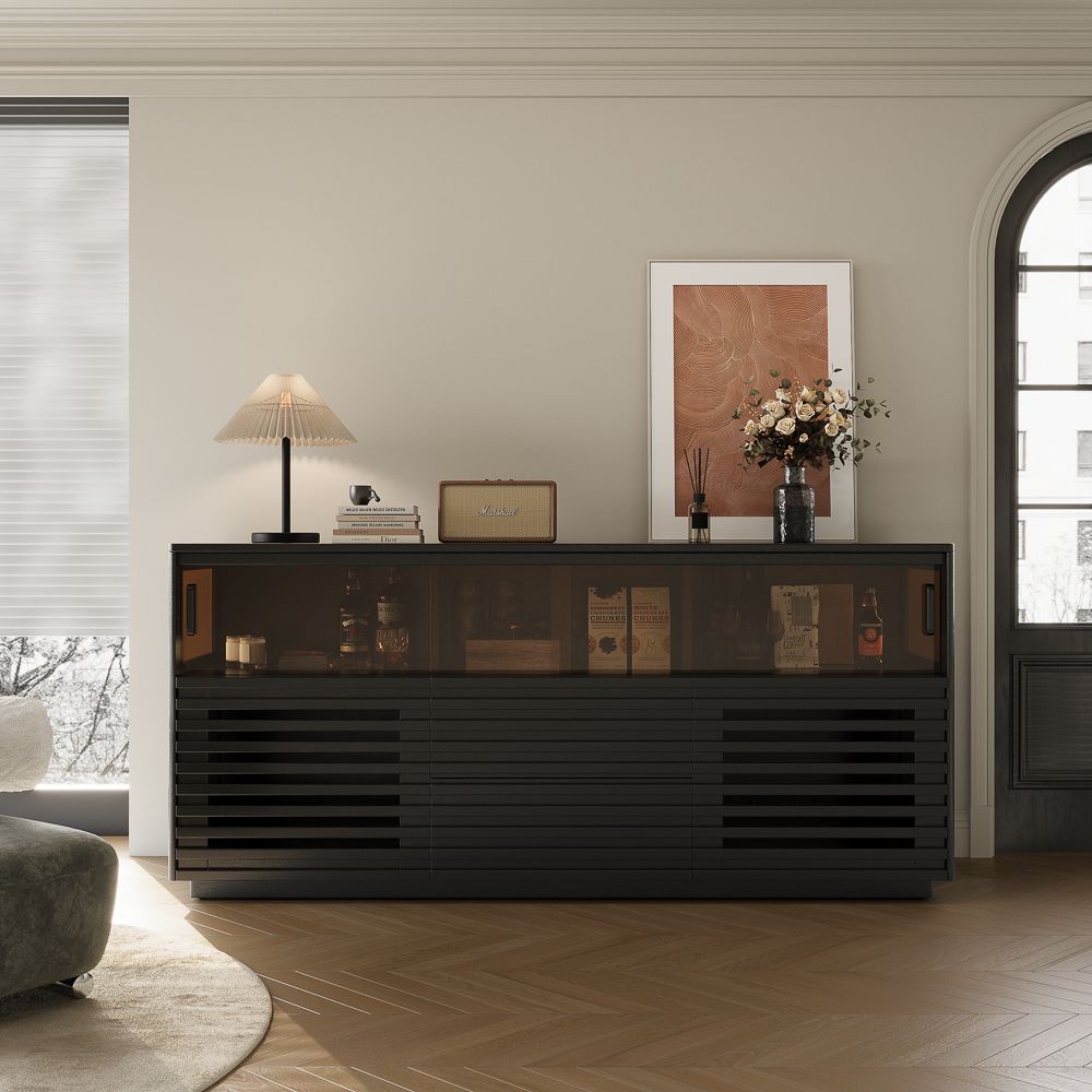 Slatted Design Black Engineered Wood Storage Cabinets