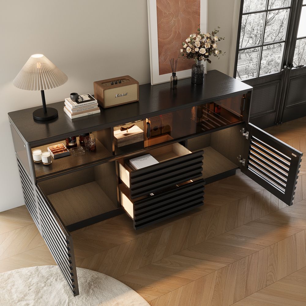 Sintered Stone Top Black Engineered Wood Storage Cabinets