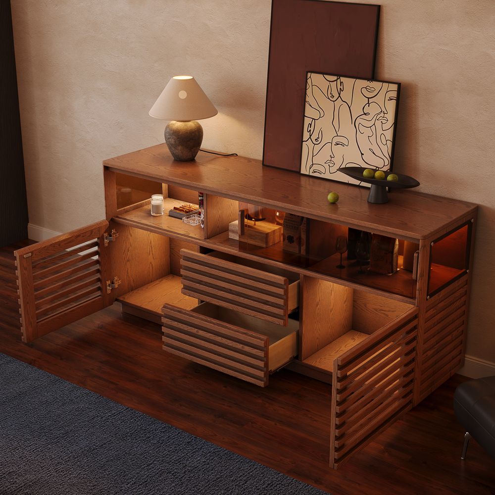 Slatted Design Walnut Color Engineered Wood Storage Cabinets