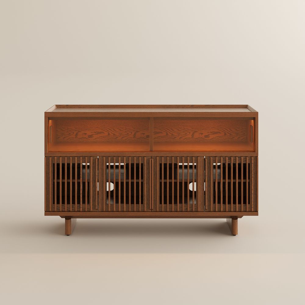 Fluted Walnut Color Engineered Wood Storage Cabinets