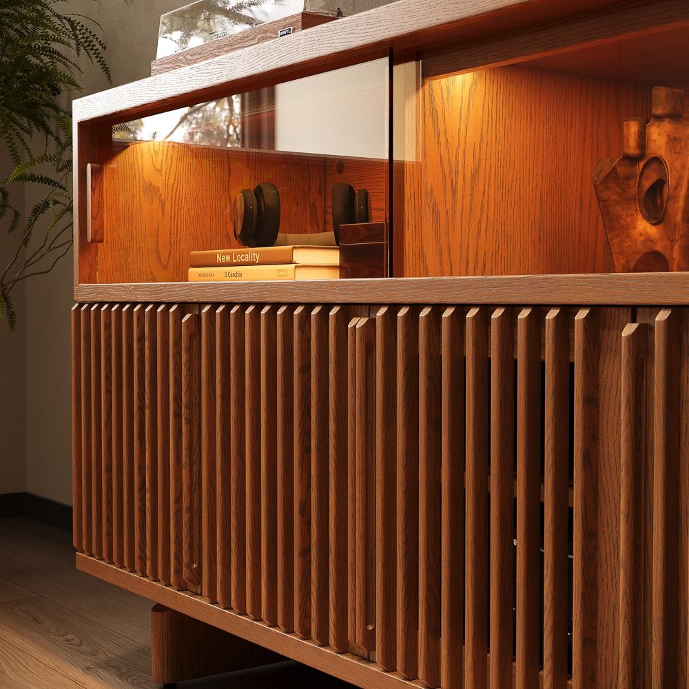 Fluted Walnut Color Engineered Wood Storage Cabinets