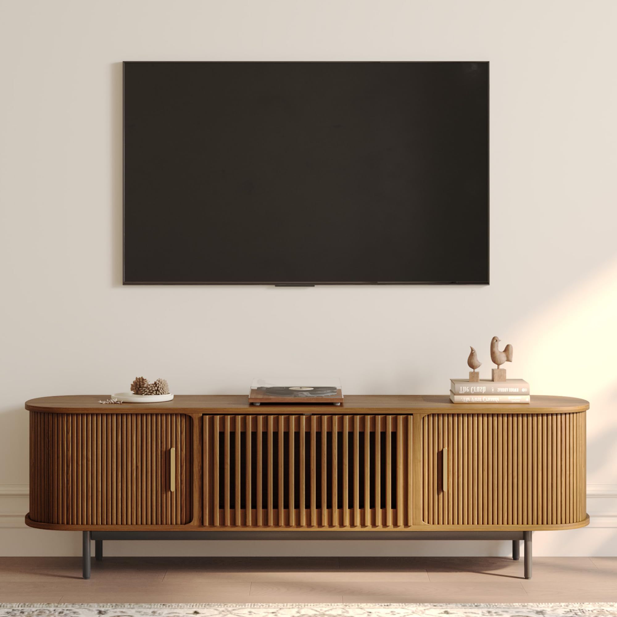 Fluted Walnut Color Plywood TV Stands