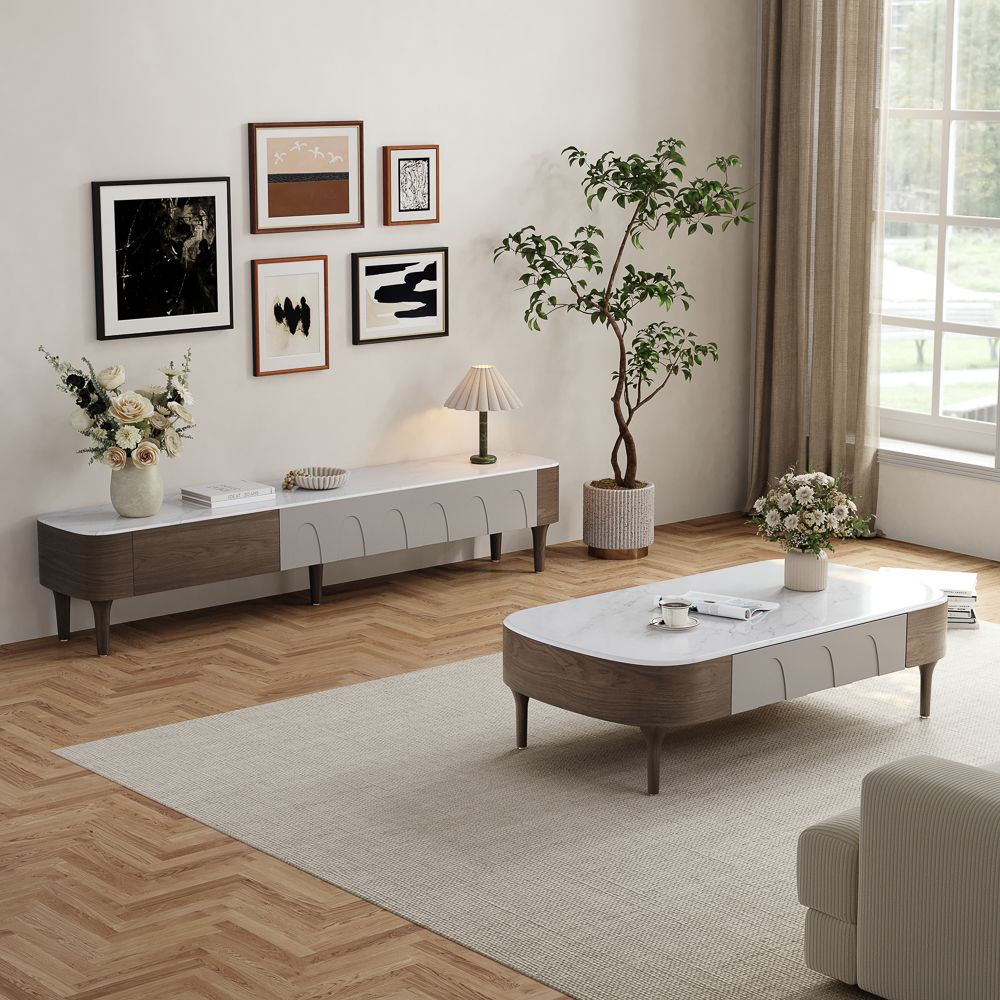 Solid Wood Walnut & Gray Crystallized Stone TV Stands