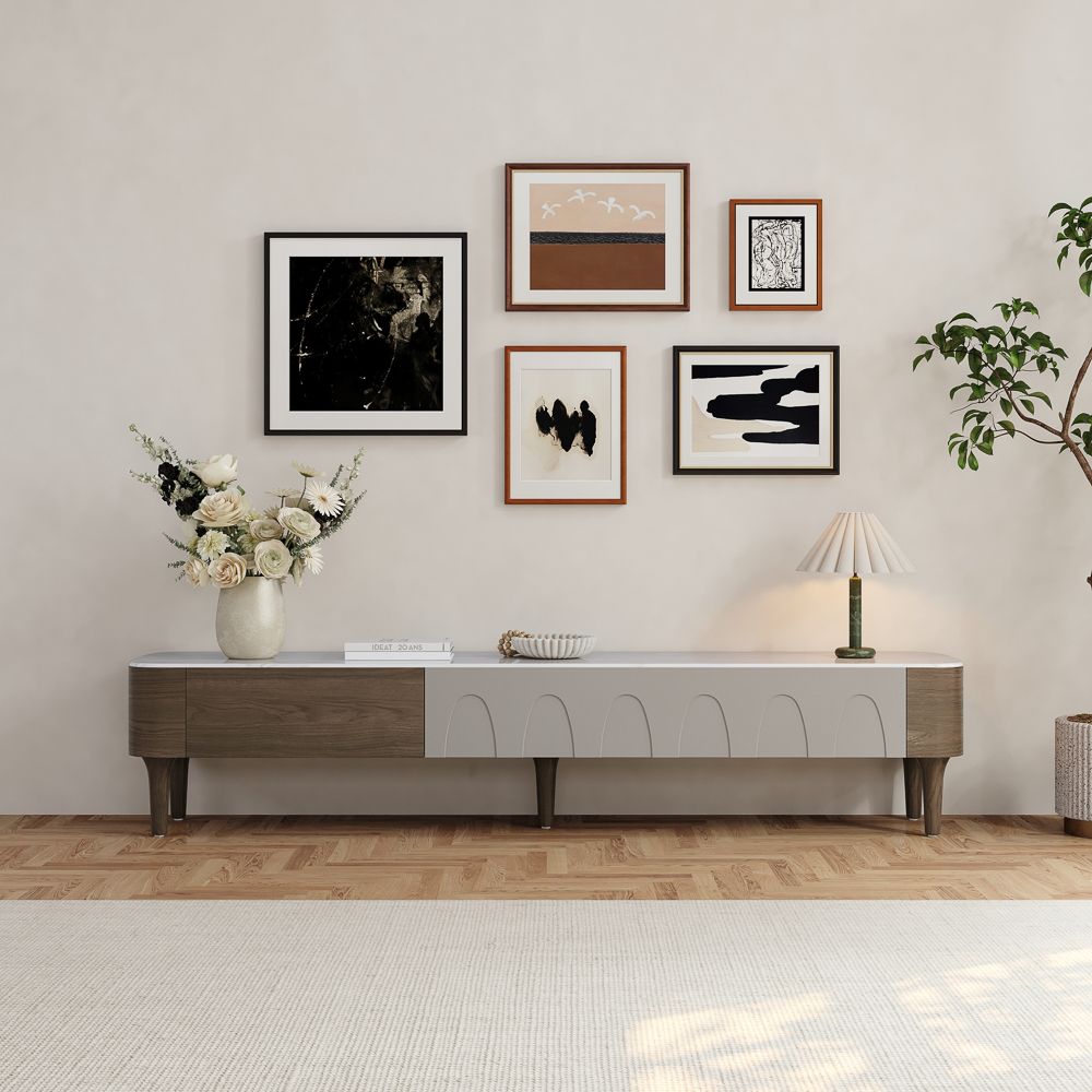 Perfect for 75 Inch TV Walnut & Gray Crystallized Stone TV Stands