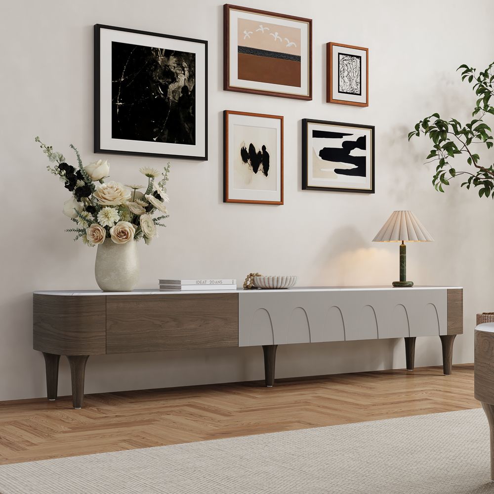 Perfect for 75 Inch TV Walnut & Gray Crystallized Stone TV Stands