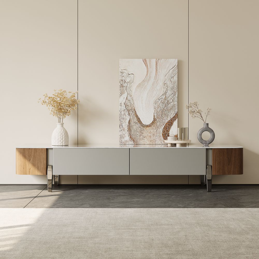 Perfect for 75 Inch TV Walnut & Gray Crystallized Stone TV Stands