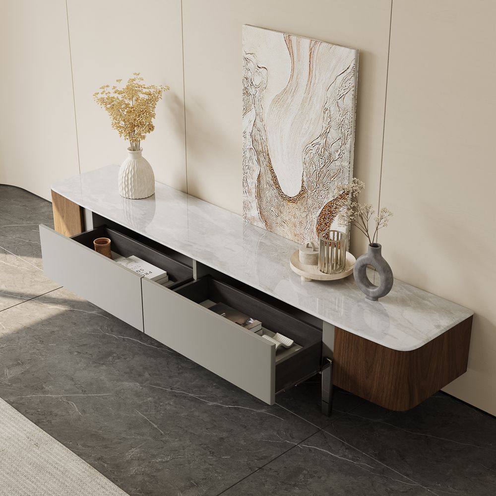 Perfect for 75 Inch TV Walnut & Gray Crystallized Stone TV Stands