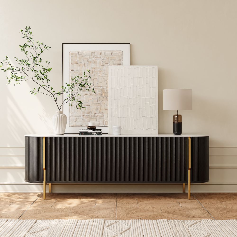 Sintered Stone Top Black & White Engineered Wood TV Stands