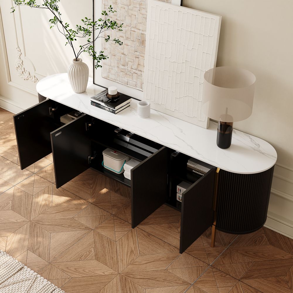 Sintered Stone Top Black & White Engineered Wood TV Stands