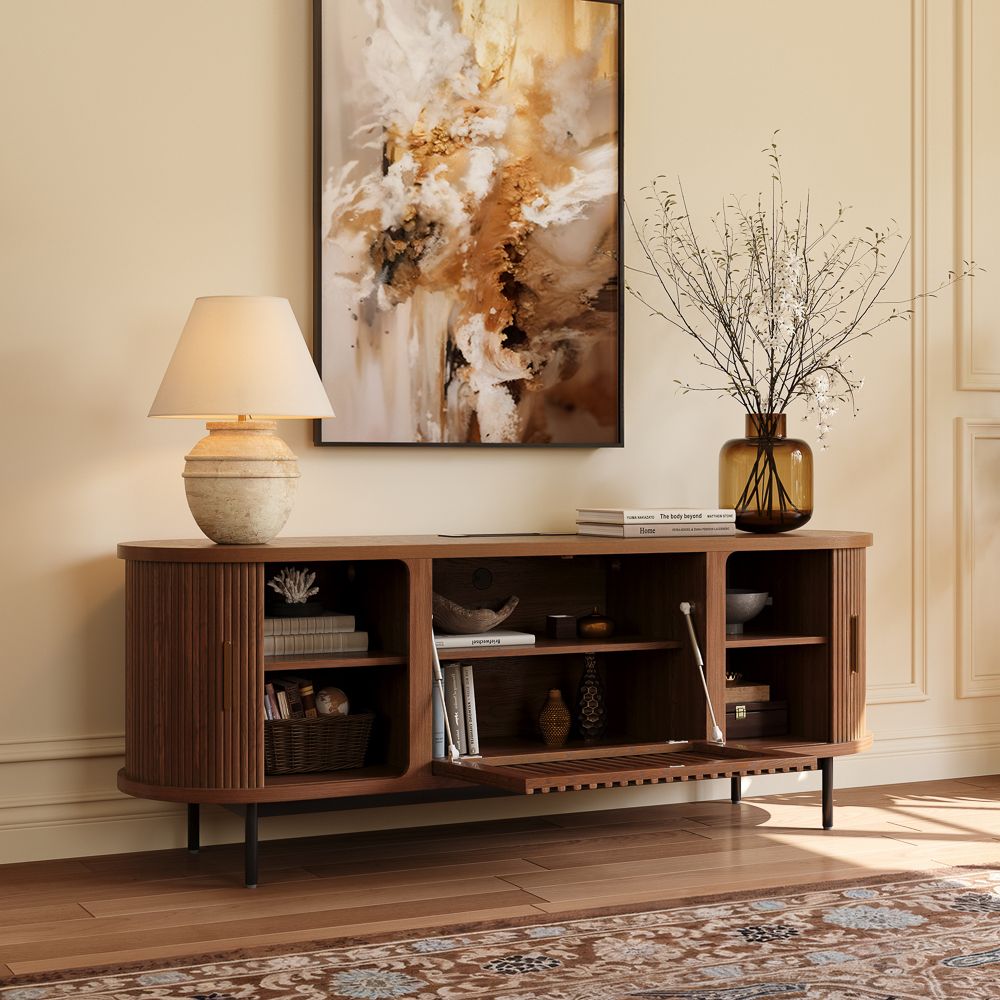 Mid Century Modern Walnut Color Engineered Wood TV Stands