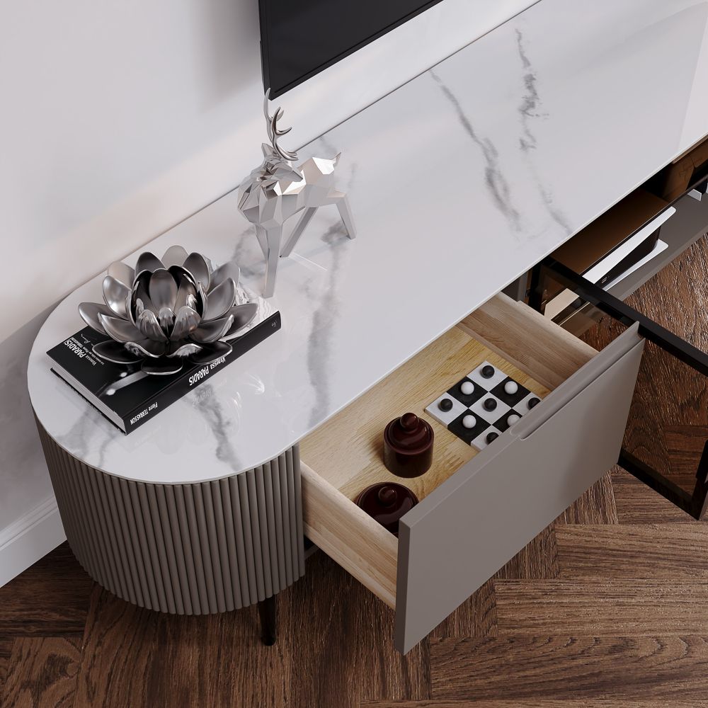 with Storage White & Gray Glossy Sintered Stone TV Stands