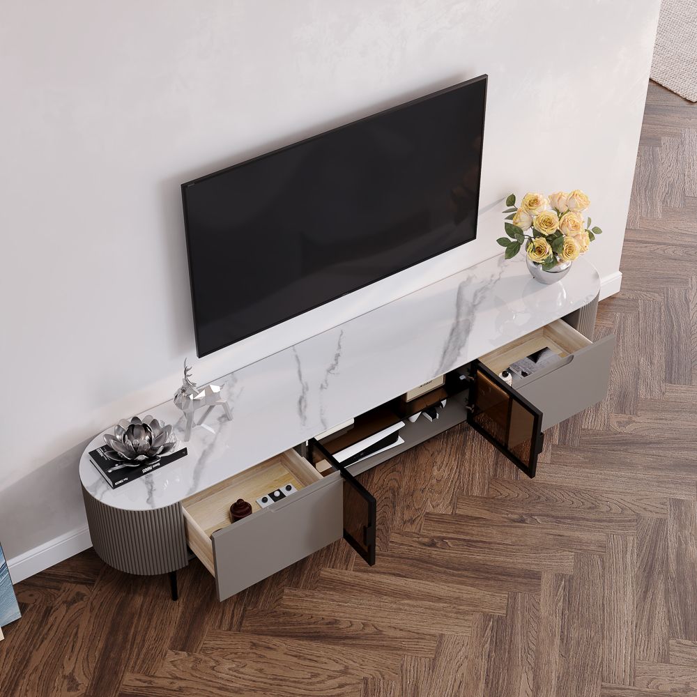 Modern White & Gray Glossy Sintered Stone TV Stands