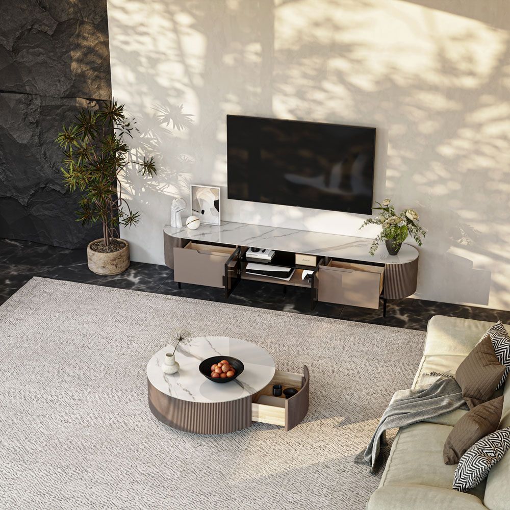 Sintered Stone White & Gray Glossy Sintered Stone TV Stands