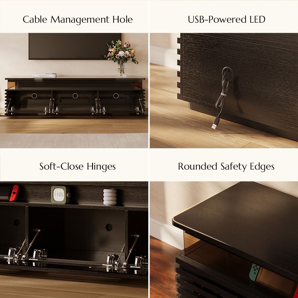 Slatted Design Black Engineered Wood TV Stands