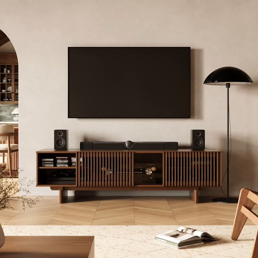 with Glass Door Walnut Color Plywood TV Stands