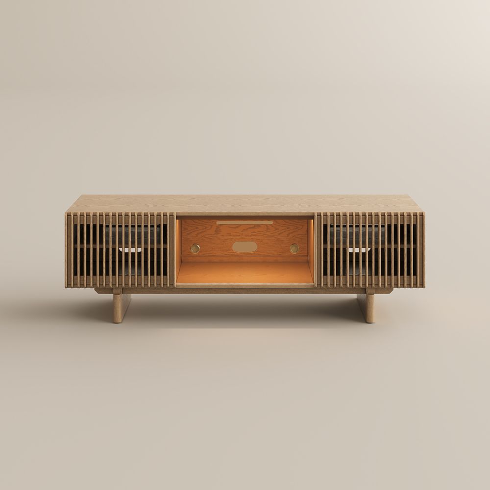 with Glass Door Natural Wood Color Plywood TV Stands