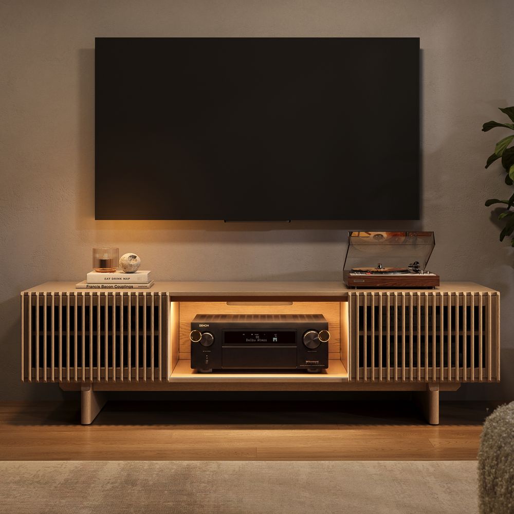 Sliding Door Natural Wood Color Plywood TV Stands