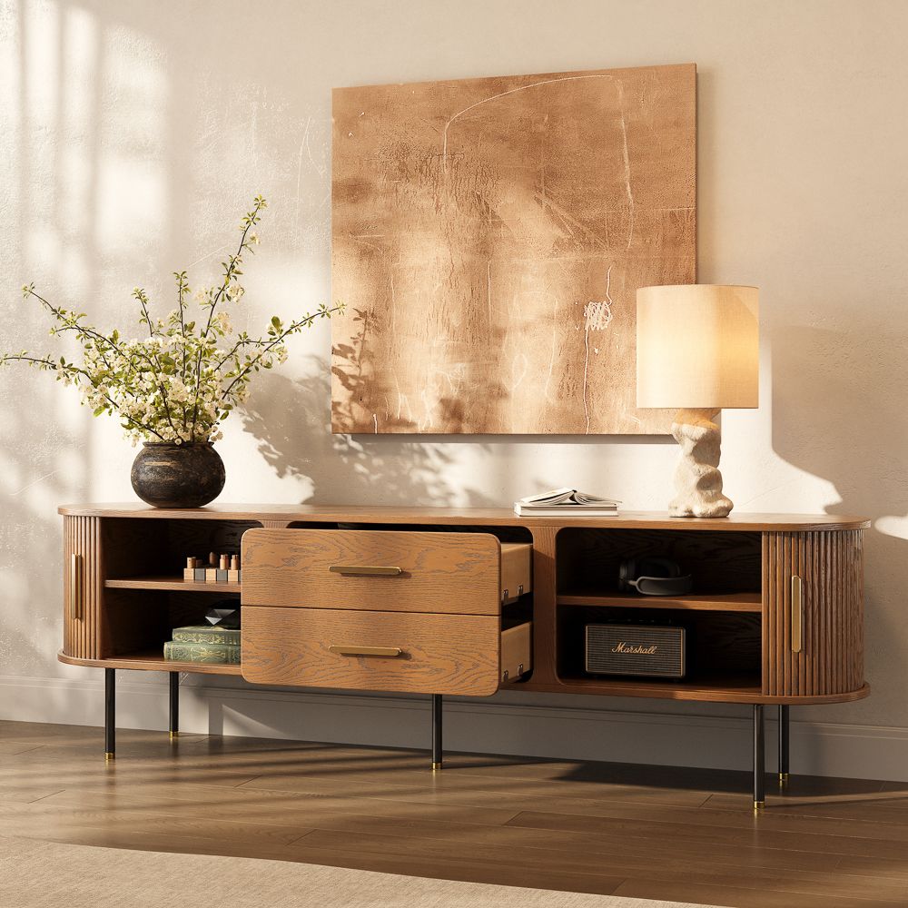 Sliding Door Walnut Color Plywood TV Stands