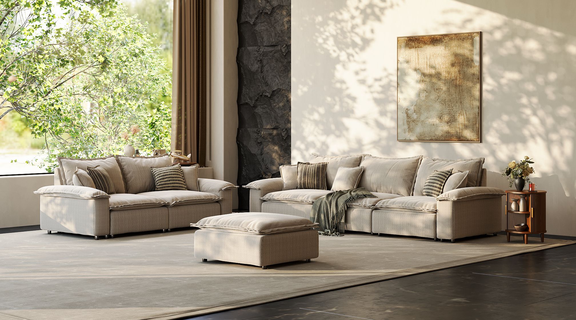 Super Soft Corduroy Modular Sofa Set with Ottoman