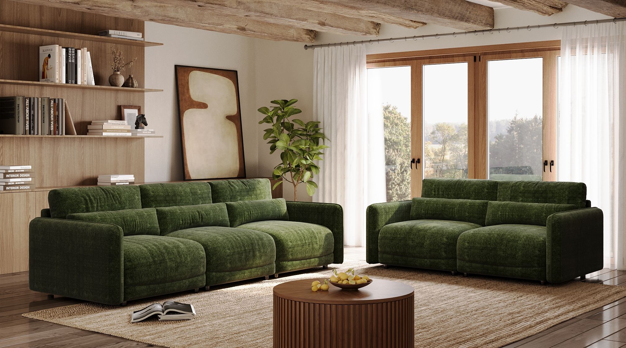 Green Chenille Sofa, Slim Arms