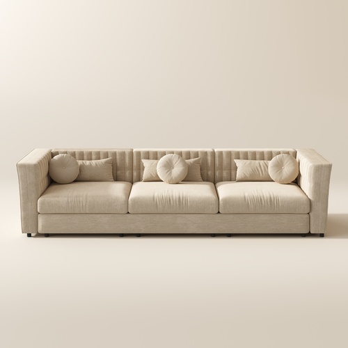 140 Inch Modern Beige Tufted Sofa with Track Arms