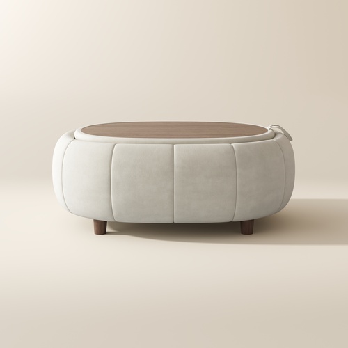 Mid Century Storage Ottoman Coffee Table in Beige Pet-friendly Fabric