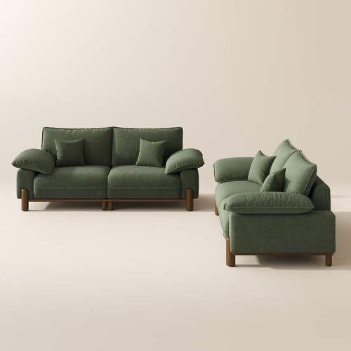 2+2 Seater Mid Century Green Pet-Friendly Fabric Sofa Set with Solid Wood Frame & Pillow Arms