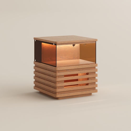 Mid-Century Nachttisch 45cm mit Lamellendekor & LED-Leist