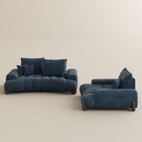 1-2 Seater Mid Century Navy Blue Cloud Sofa Set with Adjustable Cushions