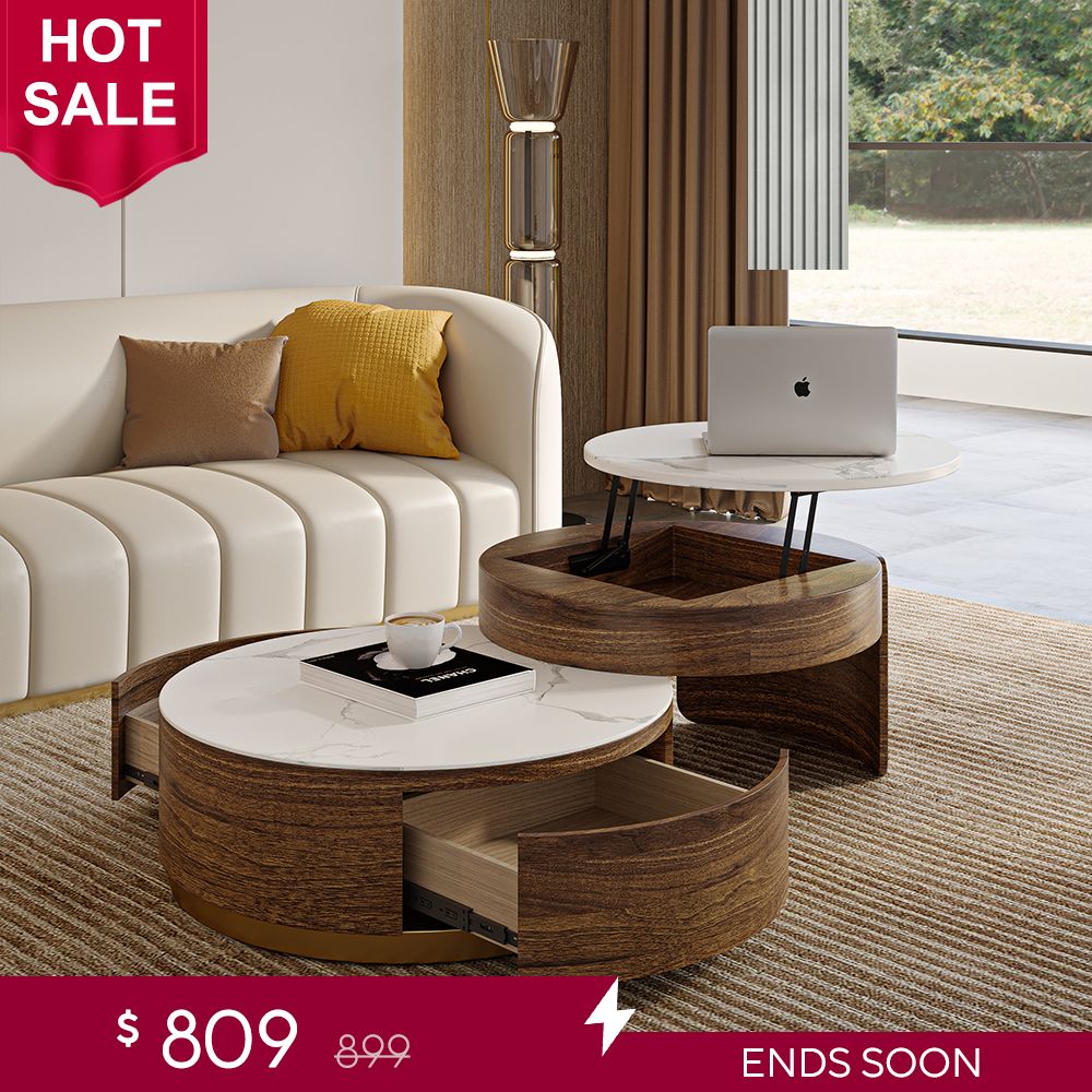 Modern White Stone Lifttop Nesting Coffee Table Povison