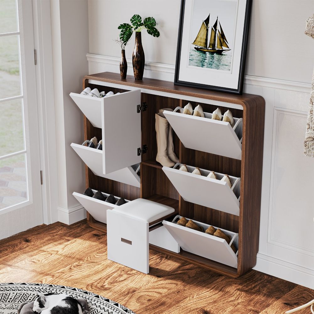 7.09" Ultra-thin Shoe Cabinet with Stool, Modern Wood Cabinet for Shoe Storage