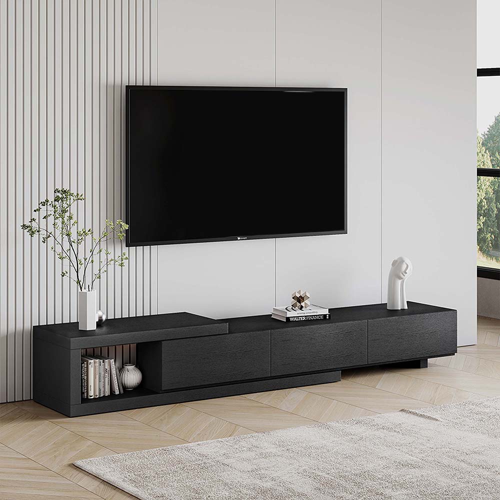 Meuble TV escamotable moderne avec 3 tiroirs, étagère ouverte, chêne et noir, 180 cm