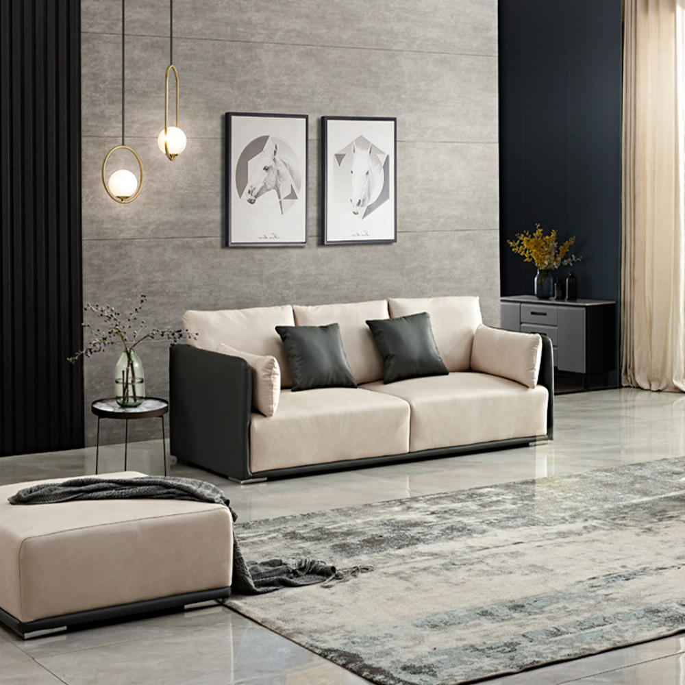 66.14'' Off White and Black Luxury Faux Leather Sofa, Leather-look Fabric, Color Combo