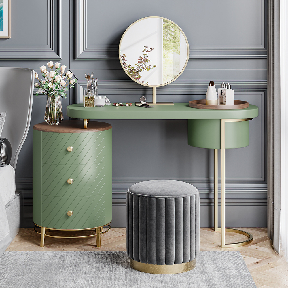 Modern Makeup Vanity Table With LED Lighted Mirror, Dressing Table with Movable Tray Top, 3 Solid Wood Drawer, Without Stool, 43", Green