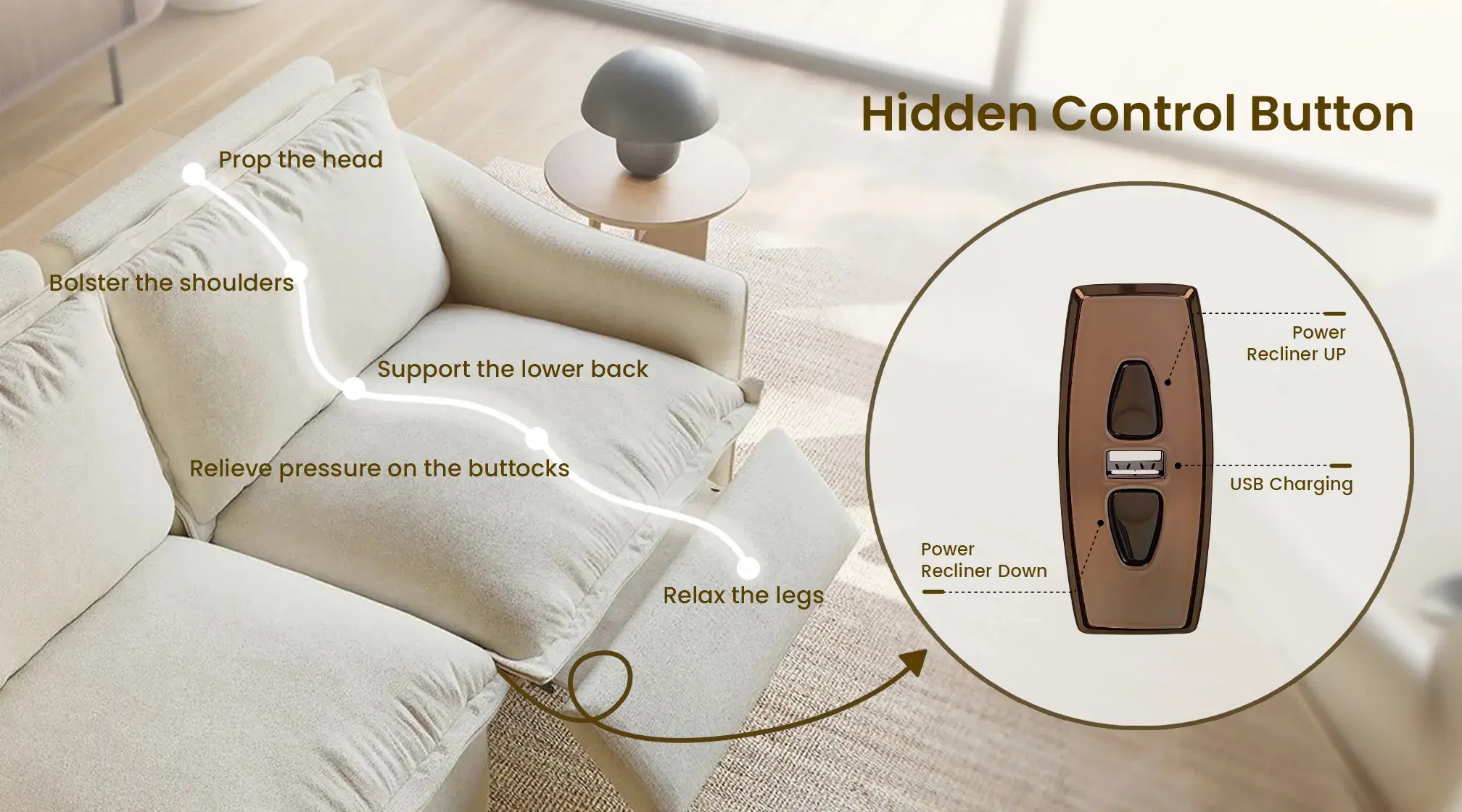 Povison Modern Sofa with a Hidden Control Button