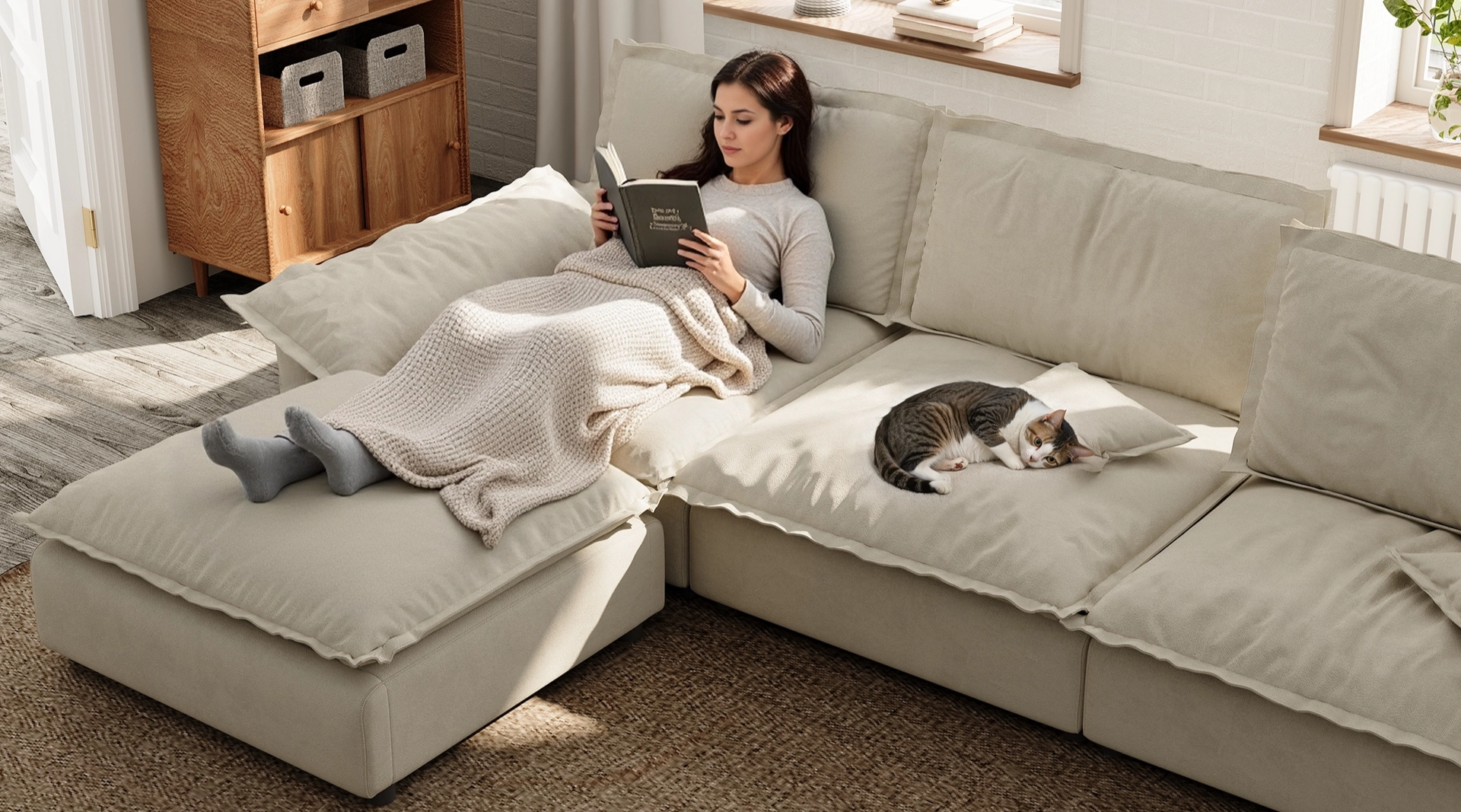 A lady reading while lounging in a deep seat sofa with her pet.