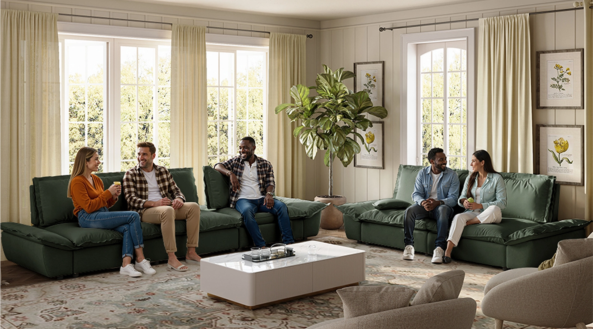 family talking while sitting on an oversized sofa